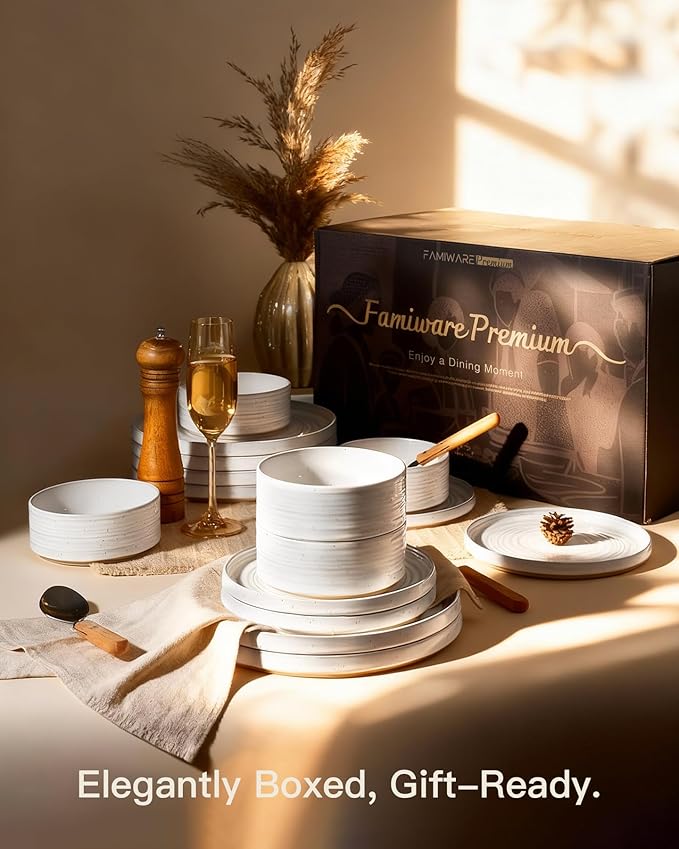 Stoneware Dinnerware Sets, Dish Set for 8, 24 Pieces Spiral Dishware Set with Straight Rim, Speckles & Reactive Glaze - Microwave and Dishwasher Safe Tableware, White