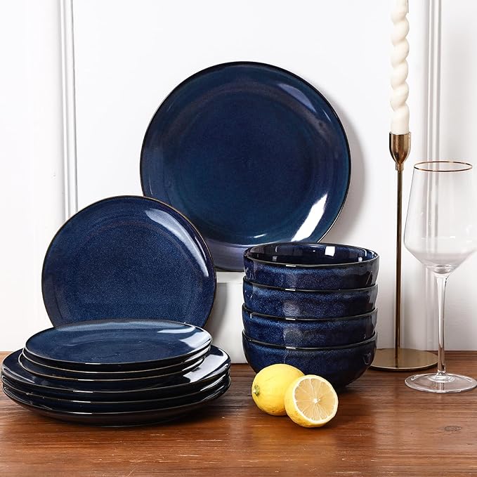 Vicrays Ceramic 12 Pieces Dinnerware Set - Dinner Plates Salad Plates Cereal Bowls Set Service for 4 - Scratch Resistant Microwave Oven Dishwasher Safe - Starry blue