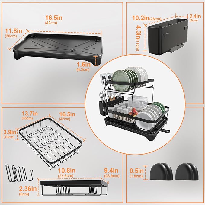 Dish Drying Rack Two-Tier Drying Rack with Utensil Holder, Auto-Draining Dish Rack for Kitchen Counter, Large Capacity for Plates, Bowls, Cups, Dish Drainer with Drainboard, Black