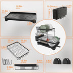 Dish Drying Rack Two-Tier Drying Rack with Utensil Holder, Auto-Draining Dish Rack for Kitchen Counter, Large Capacity for Plates, Bowls, Cups, Dish Drainer with Drainboard, Black