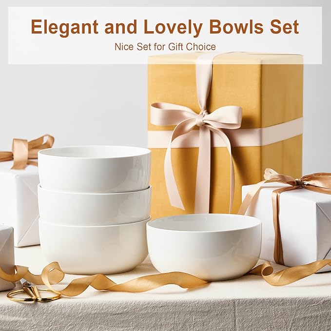 Jassceram Ceramic Soup Bowls Set of 4, 30 Oz Salad Bowls for Kitchen, White Serving Bowl for Cereal, Oatmeal, Fruit, Suitable for Kitchen or Dining - Dishwasher & Microwave Safe, 6 Inch, White