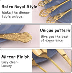 Retro Royal Gold Silverware Set With Gift Box, 60-Pieces Cutlery Set Utensils Stainless Steel Flatware For 12 MIKIWAY Kitchen Tableware Set For Gifts Festive, Dishwasher Safe, Mirror Polishing