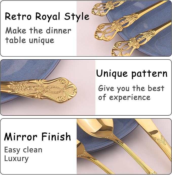 Retro Royal Gold Silverware Set With Gift Box For 8 Cutlery Set Utensils Stainless Steel Flatware 40 Pieces MIKIWAY Kitchen Tableware Set For Gifts Festive, Dishwasher Safe, Mirror Polishing