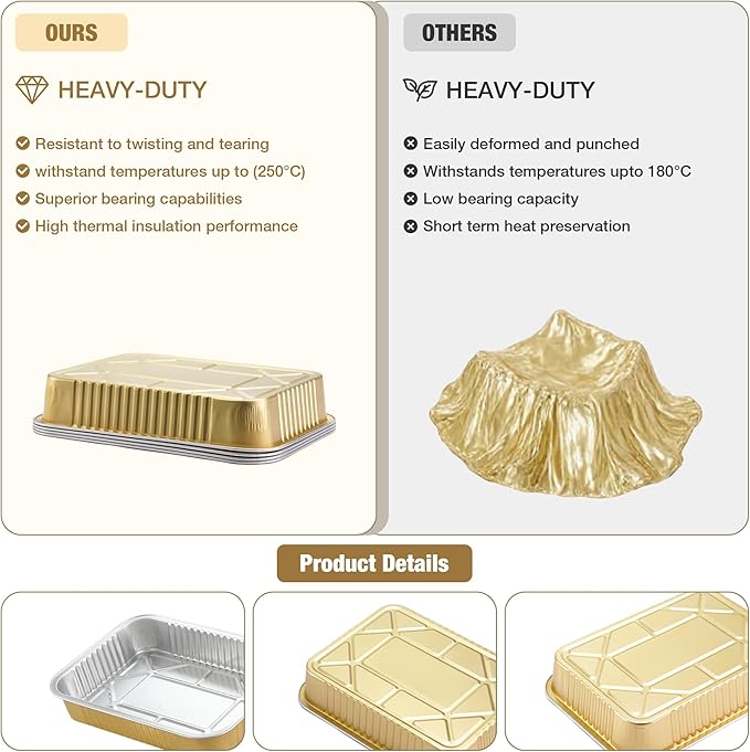 Aluminum Foil Pans with Lids,Heavy Duty Aluminum Pan, Disposable Aluminum Pans,Gold Foil Pans, Deep Container for Heating,Baking,Cooking,BBQs,Parties,Storing,Catering (40.5oz 15 Pack w/Lids)