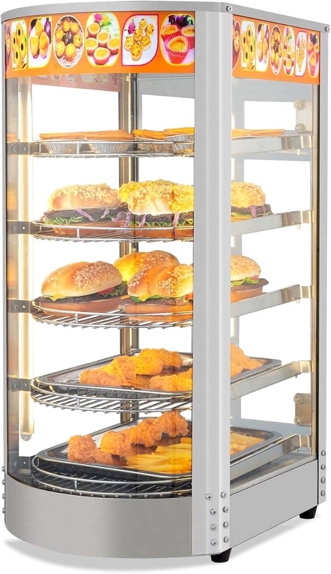 ROVSUN 5-Tier Commercial Food Warmer Pizza Warmer Countertop, Food Warmer Display with LED Lighting Removable Shelves Glass Door, Pretzel Warmer for Buffet Restaurant Cafe, 110V 800W
