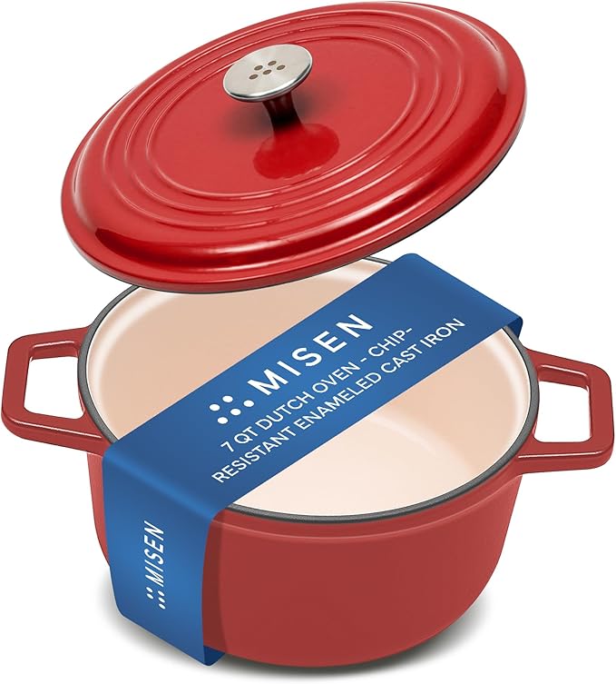 Misen 7 QT Enameled Cast Iron Dutch Oven - Chip-Resistant Enamel Coating - Thick Iron Core For Heat Retention - Large Cooking Surface - Oven Safe, Induction Compatible - Traditional Lid, Red