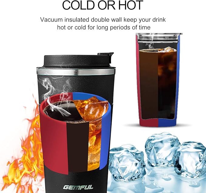 GEMFUL Travel Coffee Mug To Go Insulated Tumbler with Lid Portable Stainless Steel Reusable Leak proof Cups for Women Hot Cold Drinks 17oz (6 Pack)