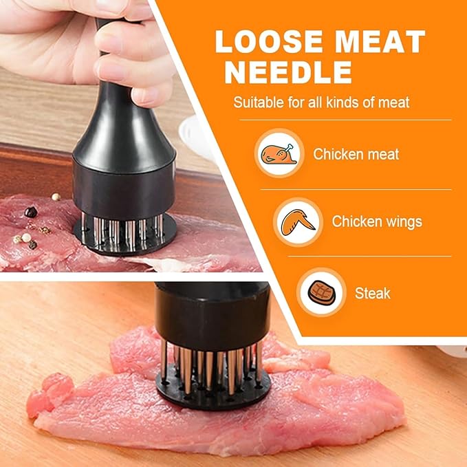 Stainless steel meat tenderizing tool, meat pounding hammer, equipped with 21 sharp needles, used for tenderizing and pounding steaks, beef, pork, chicken, grilling, and fish (Black)