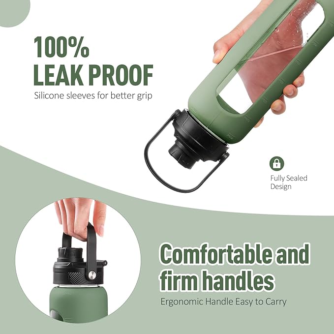 Kodrine Water Bottle with Straw, 24 oz Glass water Bottle with 2 Lids Bamboo Straw Lid and Spout Lid with Handle, 32 oz Clear Water Bottle Glass for Sports Travel, Waterbottle with Time Marker