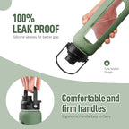 Kodrine Water Bottle with Straw, 24 oz Glass water Bottle with 2 Lids Bamboo Straw Lid and Spout Lid with Handle, 32 oz Clear Water Bottle Glass for Sports Travel, Waterbottle with Time Marker