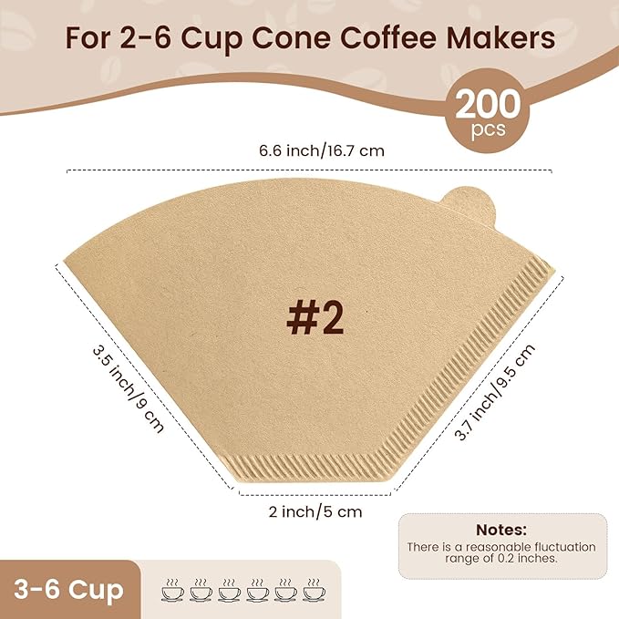 Coffee Filters 200 Count, Size 02 Cone Filters 2-6 Cup, Unbleached Disposable Natural Paper Filters, 02 Cone Filters For Pour Over and Drip Coffee Maker