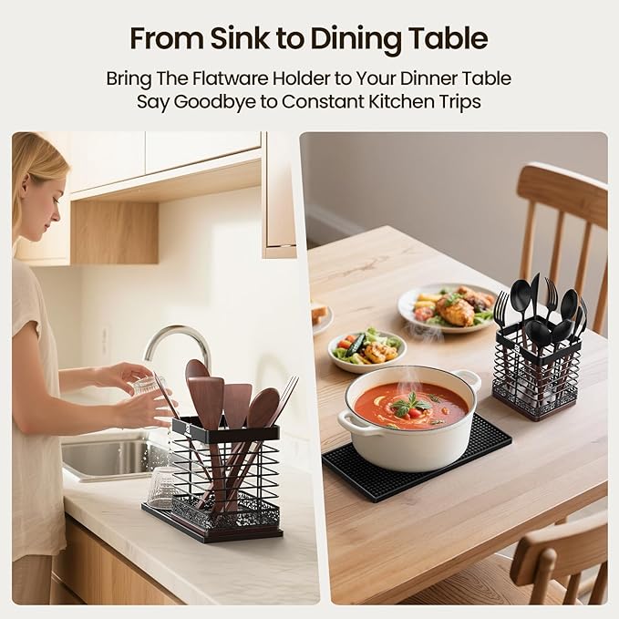 Extra Large Utensil Holder for Kitchen Counter, Matte Black Metal Cooking Utensil Caddy Organizer with Wooden Draining Base, Countertop Spatula Cutlery Storage with Silicone Dish Drying Mat