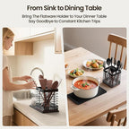 Extra Large Utensil Holder for Kitchen Counter, Matte Black Metal Cooking Utensil Caddy Organizer with Wooden Draining Base, Countertop Spatula Cutlery Storage with Silicone Dish Drying Mat