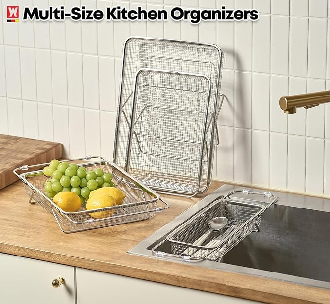 Extendable Dish Rack with Feet, Vegetable Colander Basket, Stainless Steel Dish or Silverware Drying Rack, Ultimate Kitchen Organizer Over The Sink (14.76 x 10.63 x 3.15 Inches)