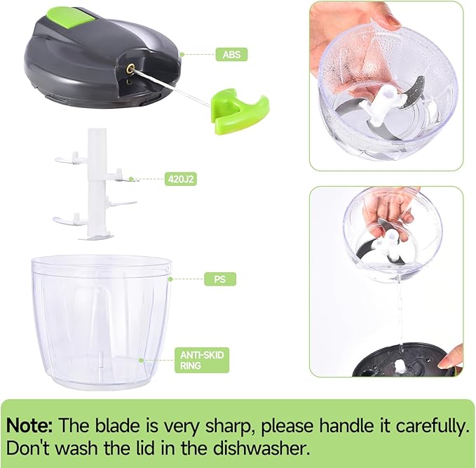 Manual Food Processor Vegetable Chopper, Portable Hand Pull String Garlic Mincer Onion Cutter for Veggies, Ginger, Fruits, Nuts, Herbs, etc., （900ml,Gray-green）