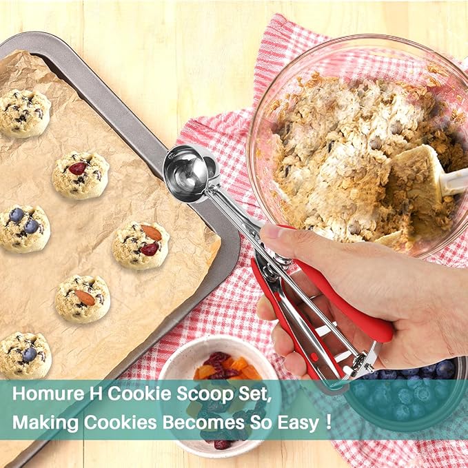 Small Cookie Scoop 1 Tbsp, Cookie Dough Scoop, 1 Tablespoon Cookie Scoops For Baking, Red Handle, Spring-Loaded, 18/8 Stainless Steel, Comfortable Grip