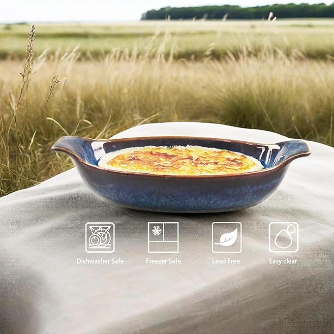 Ceramics Au Gratin baking Dishes Set of 2, Baking Tray Bake ware, 10.5 oz Ramekins, for Pie Pan, Appetizer, Tart, Dessert, Quiche, Oven Small dish, individual dishes Oval 9.3 Inch