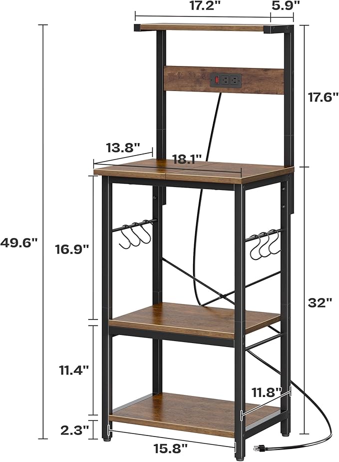 SUPERJARE 4 Tier Bakers Rack with Power Outlets, Microwave Stand with Adjustable Shelf, Kitchen Shelf Organizer for Small Space, Coffee Bar with 6 S Hooks, Kitchen Storage Rack, Rustic Brown