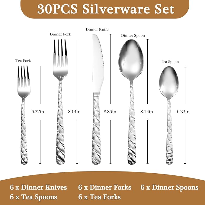 Luxury Hammered Silverware Set, 30 Pieces Flatware Set Service for 6, 18/10 Premium Stainless Steel, Mirror Polished Cutlery Utensil Set Include Fork Knife Spoon Set Dishwasher Safe