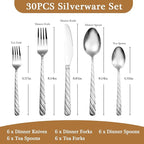 Luxury Hammered Silverware Set, 30 Pieces Flatware Set Service for 6, 18/10 Premium Stainless Steel, Mirror Polished Cutlery Utensil Set Include Fork Knife Spoon Set Dishwasher Safe