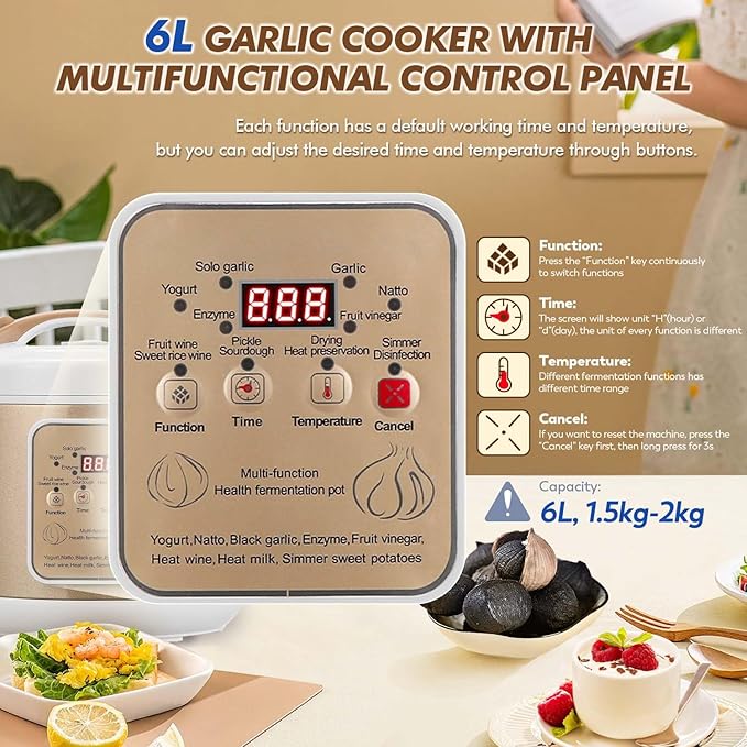 Moongiantgo 6L Black Garlic Fermenter, Automatic Intelligent Fermenter Machine for Natto, Yogurt, Kimchi, Fruit Wine, Garlic Cooker with Precise Time Temperature Control, 110V