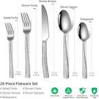 20-Piece Silverware Set, Silver Hammered Stainless Steel Flatware Sets for 4, Food-Grade Tableware Set, Including Fork Knife Spoon Set, Home Kitchen Cutlery Sets, Dishwasher Safe