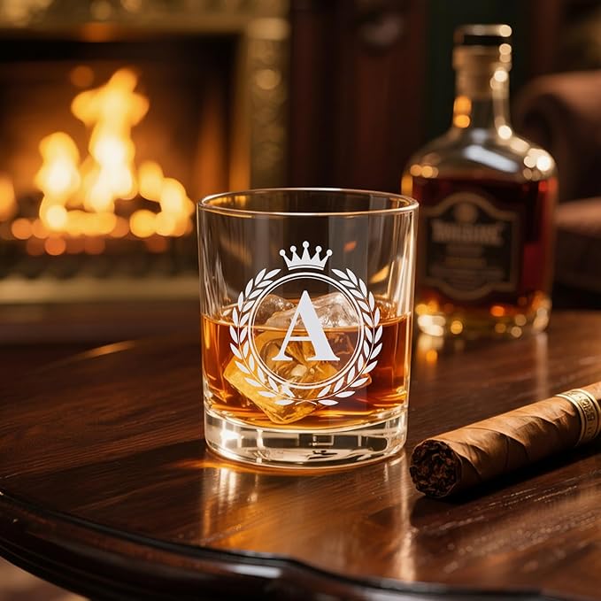 Whiskey Glasses - Rocks Old Fashioned Glass Gifts for Men, Monogrammed A-Z 10oz Personalized Whisky Glasses, Christmas Birthday Gifts for Men Him Dad Father Husband Brother Son (A)