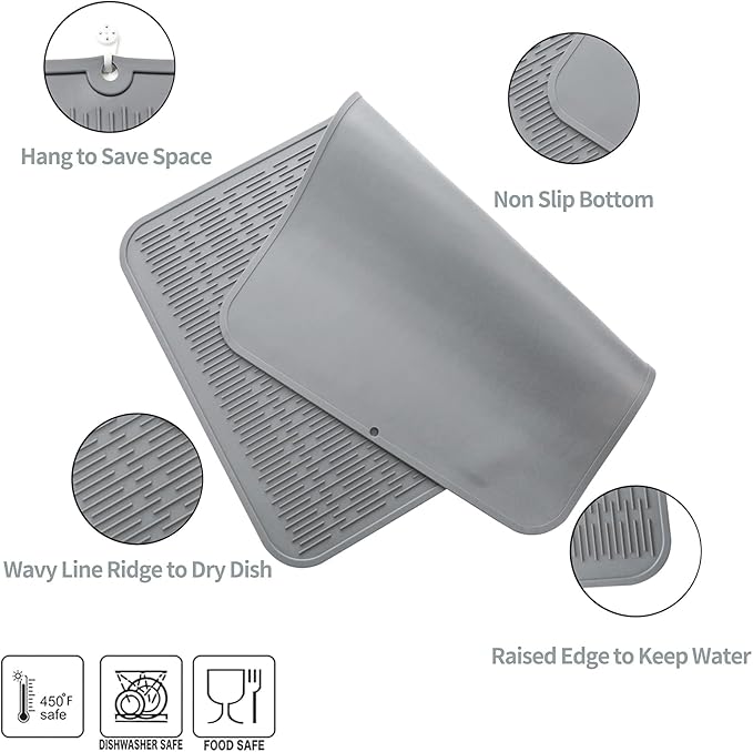 Silicone Dish Drying Mat for Multiple Usage,Easy clean,Eco-friendly,Heat-resistant Silicone Mat for Kitchen Counter or Sink,Refrigerator or Drawer Liner Grey 4XL 32 inches x 18 inches