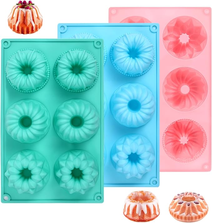 3PCS Mini Bundt Cake Pans for Baking, Non-stick 6 Cavity Silicone Bundt Cake Pan Molds, Multipurpose Molds for Cupcakes Brownies Jellies with Even Heat Transfer Feature for Home Baking(3 Styles)
