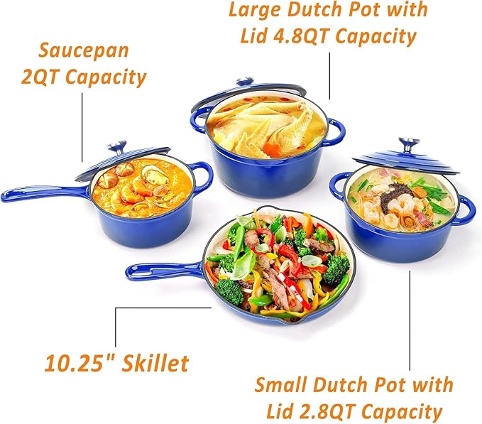 Hisencn Enameled Cast Iron Cookware Set - 7 Piece Dutch Ovens Set, Sauce Pan, Skillet, 3 Lids, Pots and Pans Set, Ceramic Coated Cast Iron, Heavy Duty, Gas/Induction Compatible, PFA Free