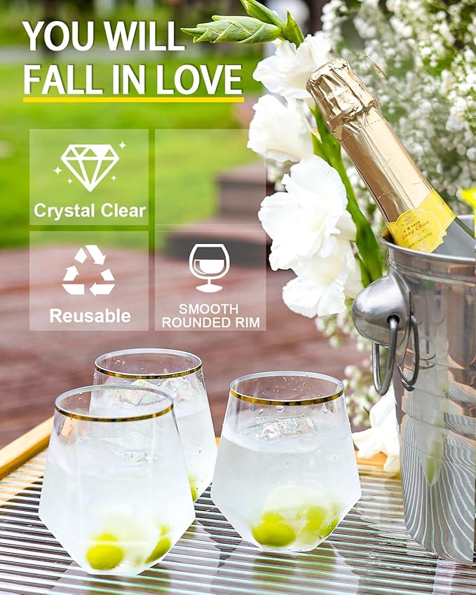 40 Pcak Plastic Stemless Wine cocktail Whiskey Champagne Glasses, 12 Oz Gold Rim Disposable Clear Unbreakable Cups for Party Bars Wedding Tasting (Diamond-shaped)