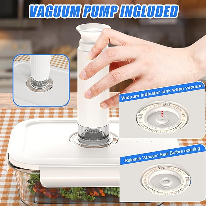 19 PCS Vacuum Sealer, Handheld Manual Vcuum Pump For Borosilicate Glass Vacuum Storage Containers [4PCS, 21Oz] & 10 PCS Vacuum Bags[8.5Cups], Meal Prep Containers, Airtight Food Storage Containers