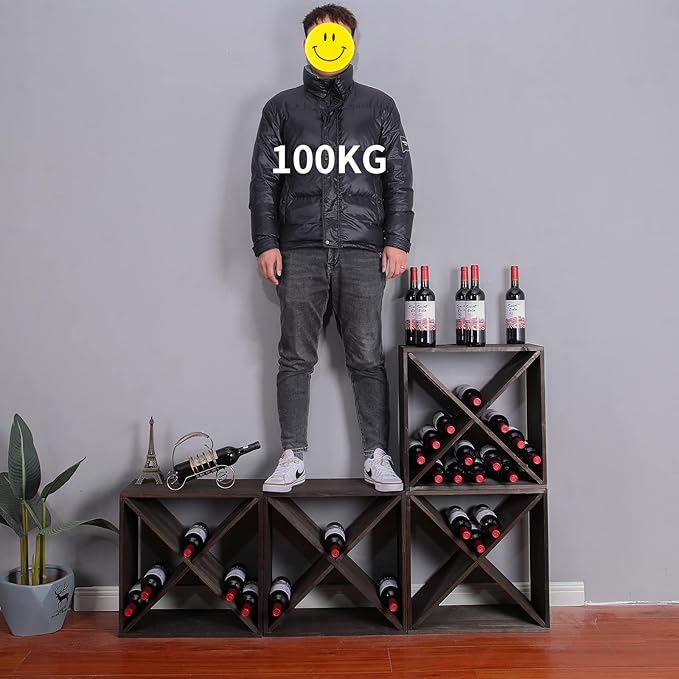 Wine Rack Cabinet countertop Wooden Stackable Storage Retro Cube 24 Bottles freestanding Floor Wine Holder Stand (Black)
