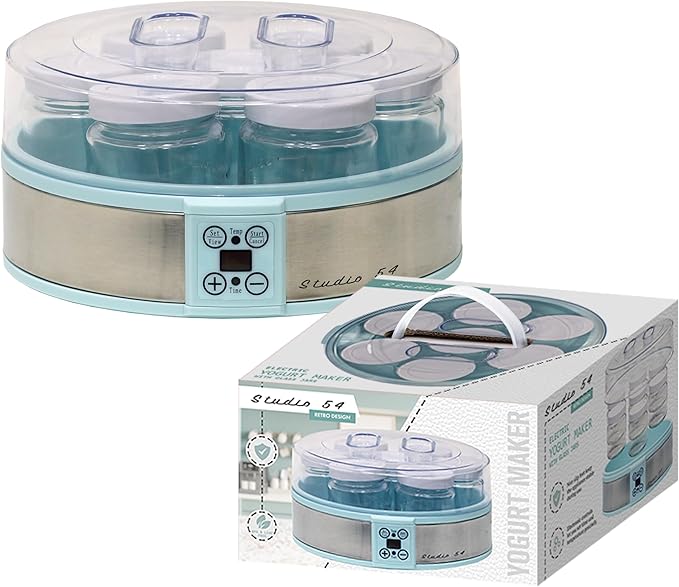Studio 54 Yogurt Maker Machine with 7 Reusable Glass Jars (6oz Each), Probiotic Greek Yogurt Maker with Precise Time & Temperature Controls, Retro Blue Digital Yogurt Maker