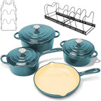 Ceramic Coated Cast Iron Cookware Set, 7-Piece Enameled Dutch Oven and Skillet Set with Lids, Nonstick Pots and Pans Set for Bread Baking, Oven Safe, Induction Compatible, PFAS-Free (Light Cyan)
