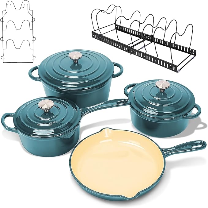 Ceramic Coated Cast Iron Cookware Set, 7-Piece Enameled Dutch Oven and Skillet Set with Lids, Nonstick Pots and Pans Set for Bread Baking, Oven Safe, Induction Compatible, PFAS-Free (Light Cyan)