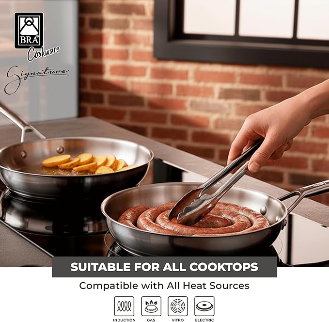 BRA COOKWARE Signature 2 Frying Pan Set | 8 + 10.2 inches Professional Skillet | Stainless Steel Frypan | All Stovetop Compatible Skillet | PFOA Free | w/o Non-Stick Coating | Polished Finish