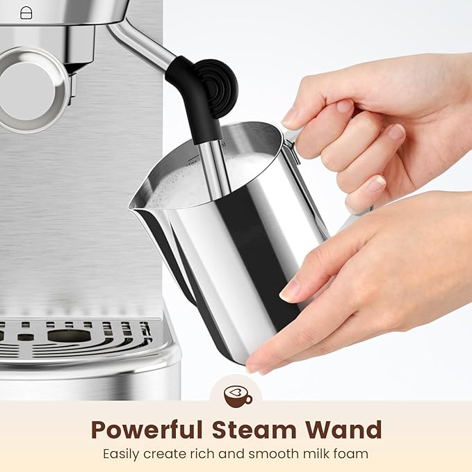 Espresso Machine 20 Bar, Compact Espresso Maker, Stainless Steel Expresso Coffee Machines with Steam Milk Frother & 34oz Removable Water Tank for Home Latte, Cappuccino, Silver