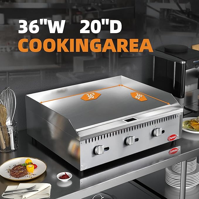36" Commercial Countertop Griddle, 3 Burners Gas Griddle, 90000 BTU Output, Stainless Steel Flat Top Grill Hot Plate with Natural Gas and Propane Conversion Kit for Restaurant,Food Truck