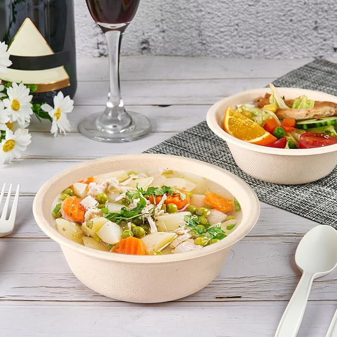 ECOLipak 150 Pack Compostable Disposable Paper Bowls, 16 OZ Biodegradable Bagasse Eco-Friendly Sugarcane Soup Bowls for Salad Wheat Flakes(Nature)
