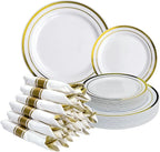 Pre Wrapped Cutlery Set- 25 sets of Fork, Knife, Spoon wrapped in a napkin - 25 Small Plates- 25 Big Plates (Gold)