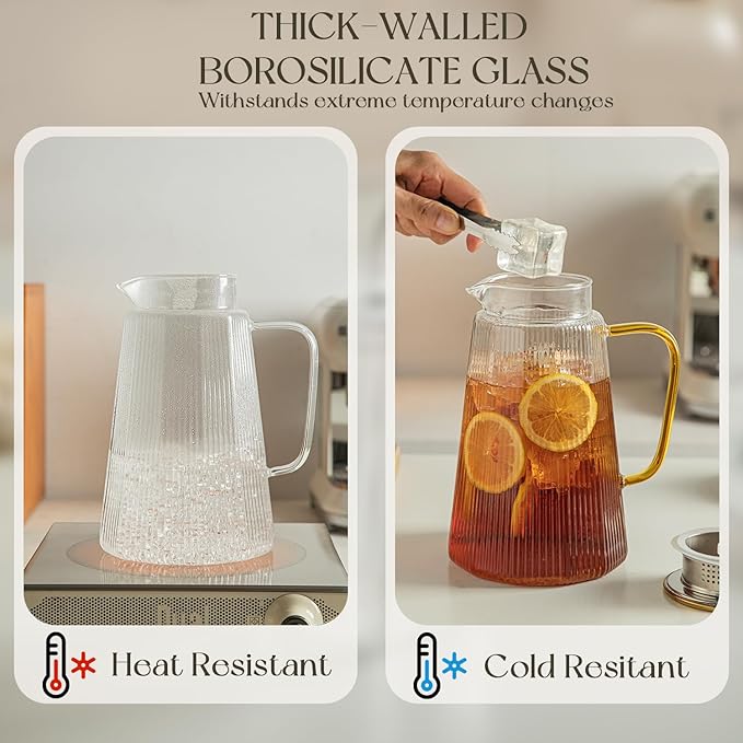 71oz Glass Pitcher with Lid, Ribbed Beverage Carafe for Hot & Cold Drinks, Water Jug with Handle for Juice, Tea, Milk, Iced Coffee – Heat Resistant Glass Serveware (1)