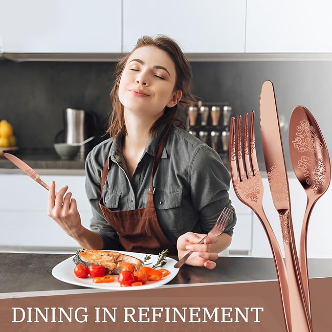 20-Piece Stainless Steel Silverware Set, Elegant Floral Engraved Cutlery Flatware Set for 4, Durable Tableware Utensil Sets for Formal Dining Include Fork Spoon Knife with Mirror Polish
