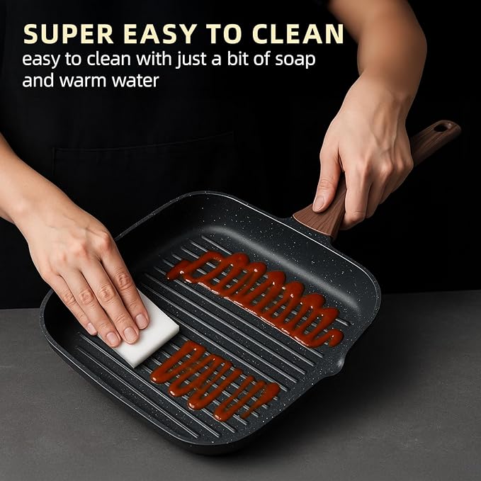 Kikcoin Nonstick Grill Pan for Indoor Cooking，9.5 Inch Versatile Griddle for Stove Tops Steak Pan with Pour Spouts