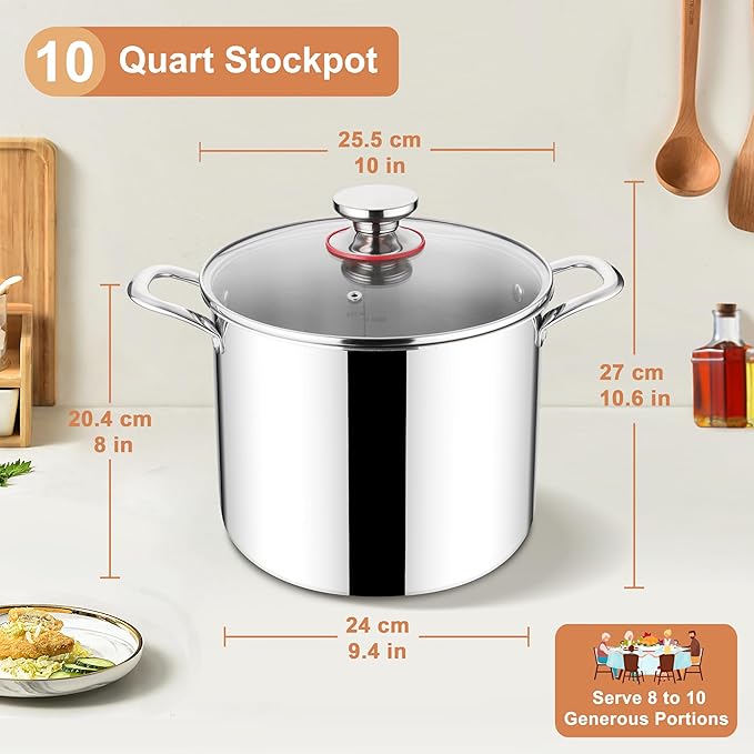 Herogo 10 Quart Stock Pot, 18/10 Stainless Steel Large Cooking Pot with Lid, 10 QT Metal Pasta Stockpot for Chicken Soup, Tri-ply Big Stockpot for Induction Gas Electric Stove, Dishwasher Safe