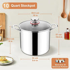 Herogo 10 Quart Stock Pot, 18/10 Stainless Steel Large Cooking Pot with Lid, 10 QT Metal Pasta Stockpot for Chicken Soup, Tri-ply Big Stockpot for Induction Gas Electric Stove, Dishwasher Safe