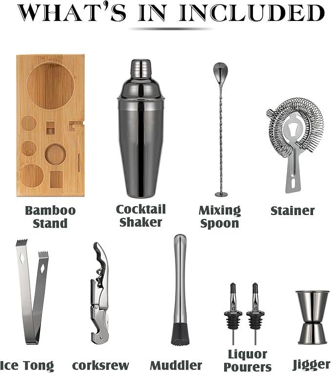 Cocktail Shaker Set, Mixology Bartender Kit 10-Piece Bar Tool Set with Stylish Bamboo Stand, Bar kit: Martini Shaker Mixing Spoon Muddler Jigger Corksrew for Barware Set | Black