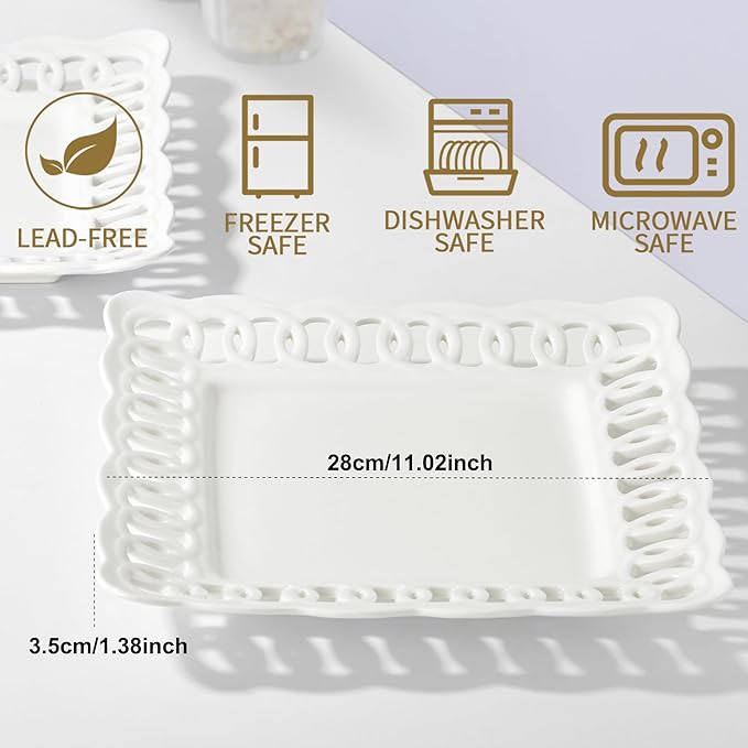 Ceramic Square Dinner Plates, 11 inch Square Serving Plate Set of 4 for Steak Pasta Salad Snacks Pizza Appetizer, New Bone Porcelain Plates with Lace Rim, Party Wedding Birthday Christmas Gift, White