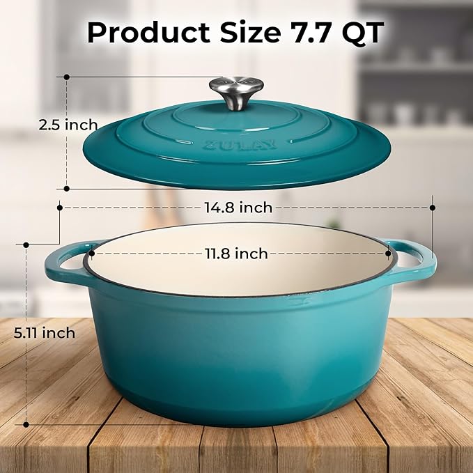 Zulay Kitchen 7.7 Quart Enameled Cast Iron Dutch Oven with Lid, Silicone Trivet & Heat Pad – Premium Durability & Oven Safe up to 500°F – Heavy Duty Cookware Perfect for Bread Baking, Stews, Braising & Roasting – Light Blue