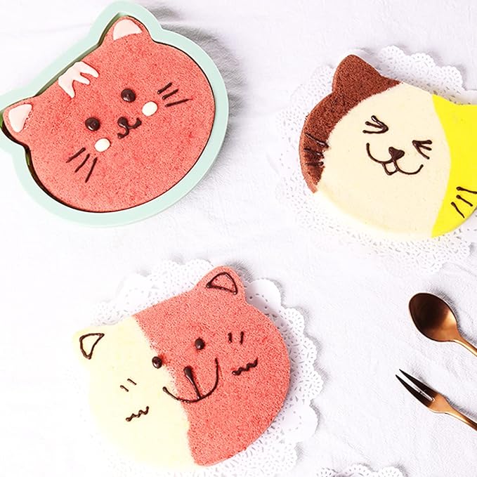 4Pcs Layer Cake Pans Set, 6 Inch Rainbow Cake Baking Pans,Silicone Cake Molds for Pizza Vegetable Pancake Quiche and Resin Crafts (Cat)